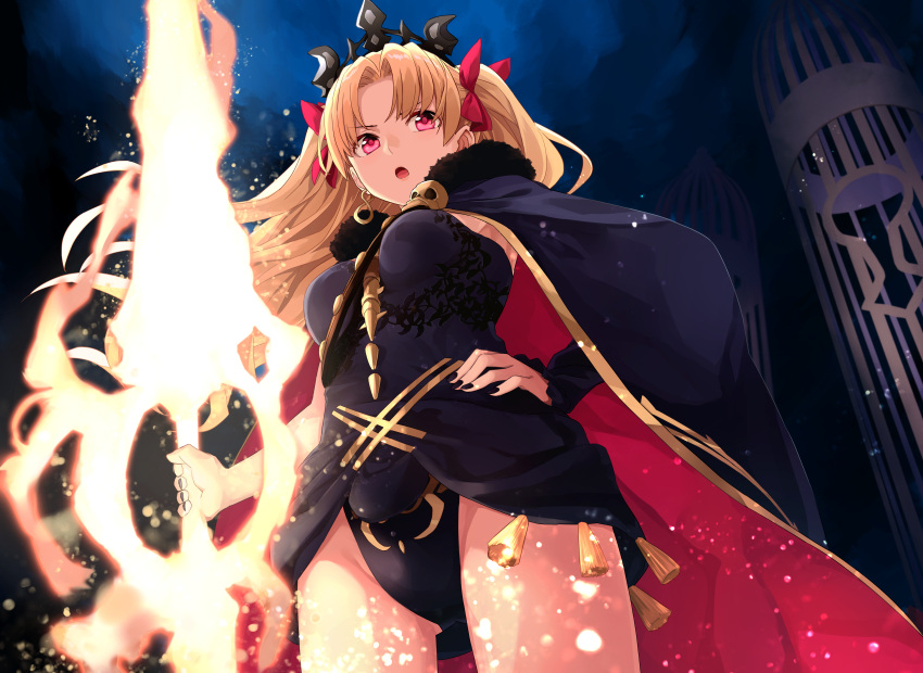 1girl ass_visible_through_thighs bangs black_leotard black_nails blonde_hair bow breasts cage cape earrings ereshkigal_(fate/grand_order) fate/grand_order fate_(series) from_below fur-trimmed_cape fur_trim glowing glowing_weapon hair_bow hand_on_hip highres holding holding_weapon jewelry leotard light_particles long_hair nail_polish open_mouth parted_bangs pink_eyes red_bow red_cape small_breasts solo tassel tiara toromera two_side_up v-shaped_eyebrows very_long_hair weapon