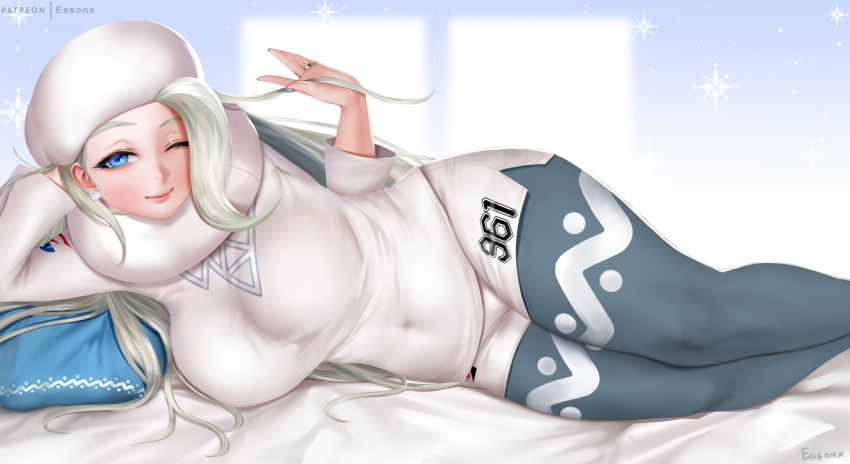 1girl bed bed_sheet blue_eyes blue_legwear blue_nails breasts commentary_request earrings easonx fur_hat gym_leader hat jewelry large_breasts legwear_under_shorts looking_at_viewer lying melon_(pokemon) on_side one_eye_closed pantyhose pillow pokemon pokemon_(game) pokemon_swsh ring shorts silver_hair smile snowflakes sweater ushanka white_earrings white_shorts white_sweater window