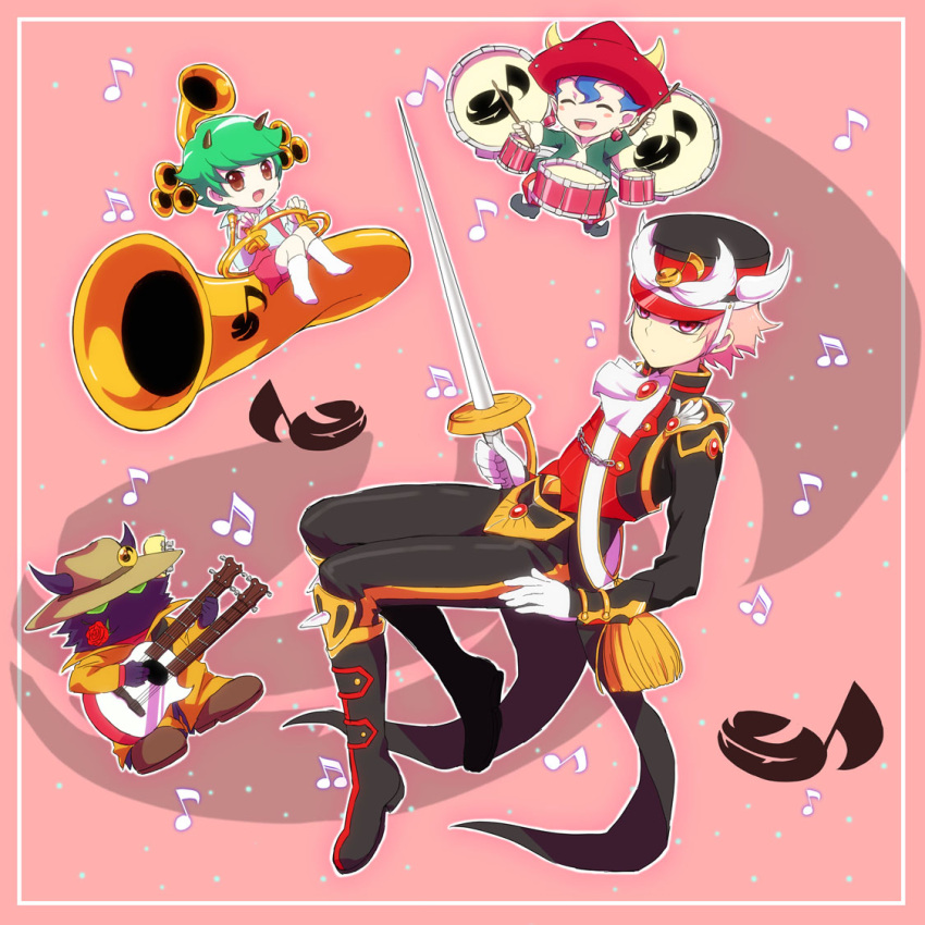 1girl 3boys ^_^ ascot bad_id bad_pixiv_id black_pants blue_hair blush_stickers boots chain chiyo_(no3baki) closed_eyes commentary_request conductor double_neck_guitar drum drumsticks duel_monster earrings eighth_note floating flower full_body gloves green_hair guitar hair_between_eyes hat holding holding_drumsticks holding_instrument holding_sword holding_weapon horned_headwear instrument jewelry knee_boots logo maestroke_the_symphony_djinn melomelody_the_brass_djinn multiple_boys musical_note muzurhythm_the_string_djinn open_mouth pants pink_background pink_eyes pink_hair pointy_ears rose shako_cap short_hair sword temtempo_the_percussion_djinn trumpet weapon white_gloves yellow_eyes yu-gi-oh!