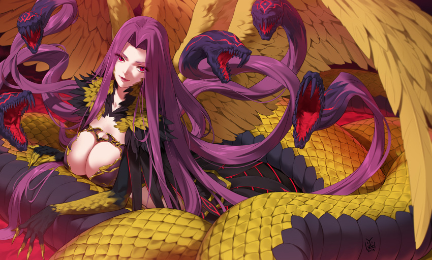 1girl breasts bustier claws cleavage_cutout eyebrows_visible_through_hair eyes_visible_through_hair fate/grand_order fate_(series) from_above gorgon_(fate) highres large_breasts long_hair looking_at_viewer monster_girl purple_hair scales slit_pupils snake very_long_hair wings yang-do