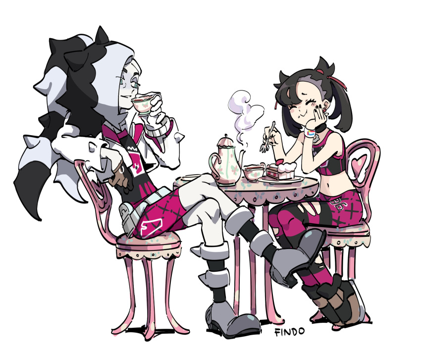1boy 1girl :&gt; black_hair cake crop_top cropped_jacket cup eating findoworld food gym_leader highres mary_(pokemon) midriff multicolored_hair navel nezu_(pokemon) pale_skin pokemon pokemon_(game) pokemon_swsh simple_background smile table teacup teapot torn_clothes torn_legwear twintails two-tone_hair