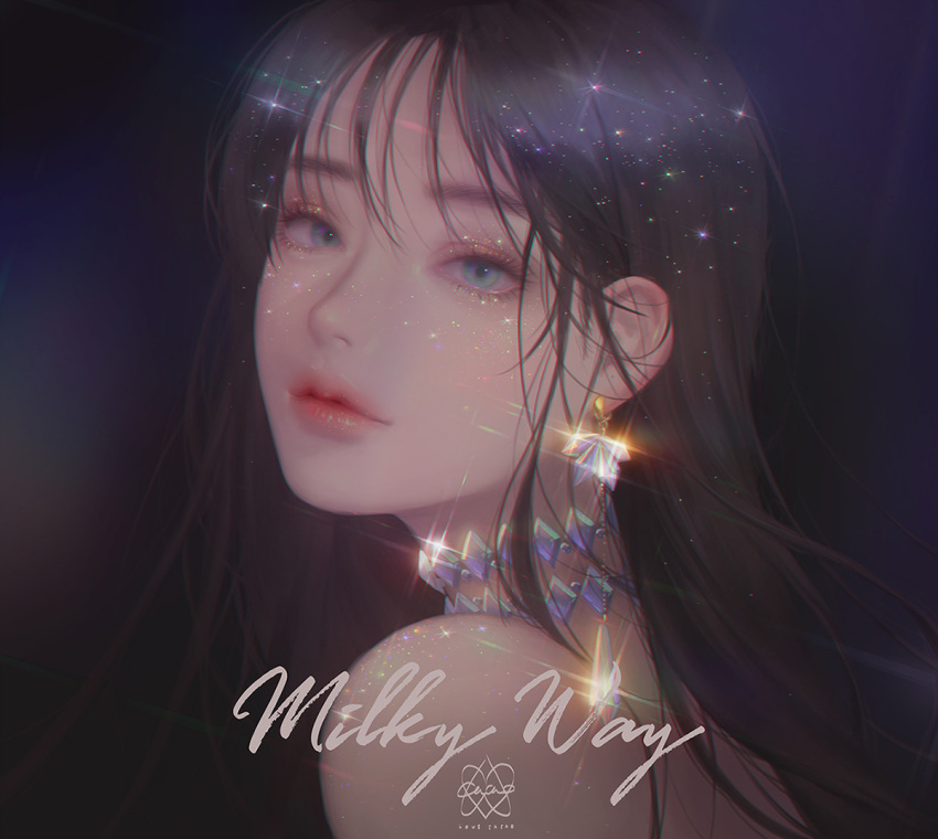 1girl artist_name black_background blue_eyes brown_hair choker earrings english_text eyelashes jewelry lens_flare lips long_hair looking_at_viewer looking_back love_cacao nose original portrait simple_background solo sparkle