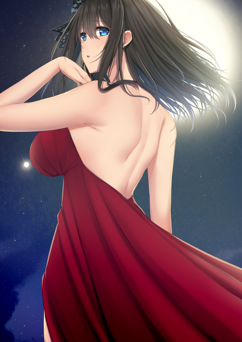 1girl absurdres backless_dress backless_outfit bare_shoulders blue_eyes breasts commentary_request dress full_moon fuurin_restia highres idolmaster idolmaster_cinderella_girls impossible_clothes impossible_dress large_breasts long_hair looking_at_viewer looking_back moon night night_sky red_dress sagisawa_fumika sky sleeveless sleeveless_dress solo star_(sky) starry_sky