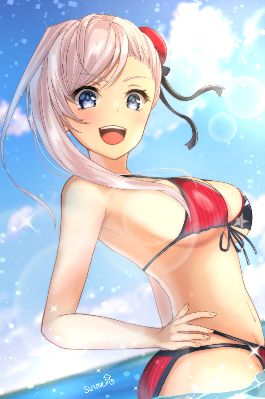 1girl :d asymmetrical_hair bangs bikini black_ribbon blue_eyes breasts fate/grand_order fate_(series) hair_bun hair_ribbon hand_on_hip highres looking_at_viewer luxunshangxiang medium_breasts miyamoto_musashi_(fate/grand_order) miyamoto_musashi_(swimsuit_berserker)_(fate) navel open_mouth print_bikini red_bikini ribbon sideboob silver_hair smile solo star star_print striped swept_bangs swimsuit under_boob vertical-striped_bikini vertical_stripes wading