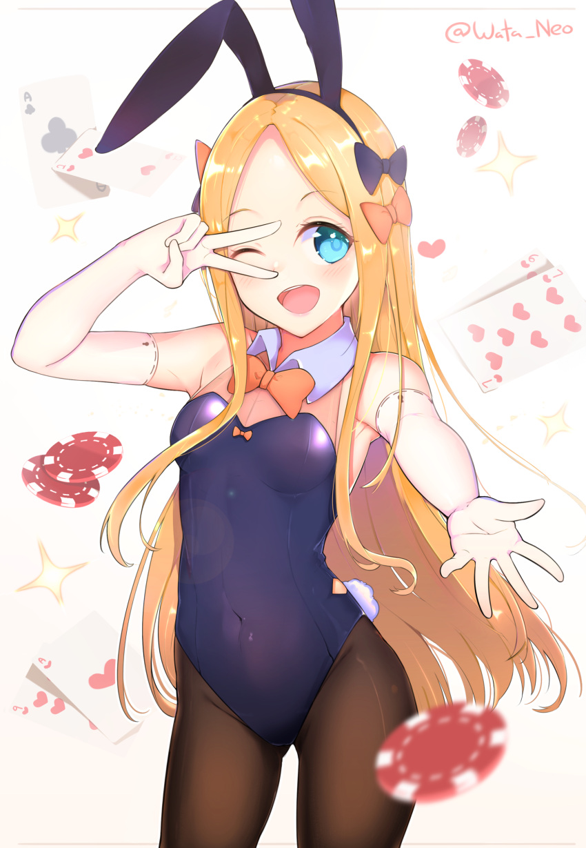 1girl abigail_williams_(fate/grand_order) absurdres animal_ears bangs bare_shoulders black_bow blonde_hair blue_eyes blue_leotard blush bow bowtie breasts brown_legwear bunny_tail bunnysuit card chunyineo covered_navel detached_collar elbow_gloves fate/grand_order fate_(series) forehead gloves highres leotard long_hair looking_at_viewer one_eye_closed open_mouth orange_bow outstretched_arm pantyhose parted_bangs playing_card poker_chip polka_dot polka_dot_bow rabbit_ears simple_background small_breasts smile sparkle strapless strapless_leotard tail thighs v white_background white_gloves wrist_cuffs