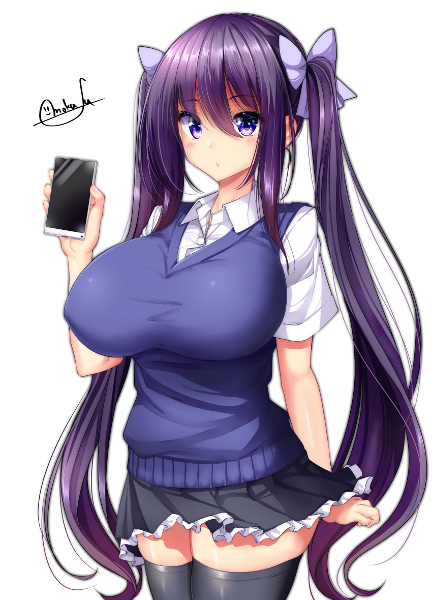 1girl absurdres bangs black_legwear black_skirt bow breasts cellphone closed_mouth collared_shirt dress_shirt eyebrows_visible_through_hair frilled_skirt frills hair_between_eyes hair_bow hand_up highres holding holding_cellphone holding_phone large_breasts long_hair looking_at_viewer mokufuu original phone pleated_skirt purple_bow purple_hair shirt short_sleeves signature simple_background skindentation skirt smartphone solo sweater_vest thigh-highs twintails very_long_hair violet_eyes white_background white_shirt