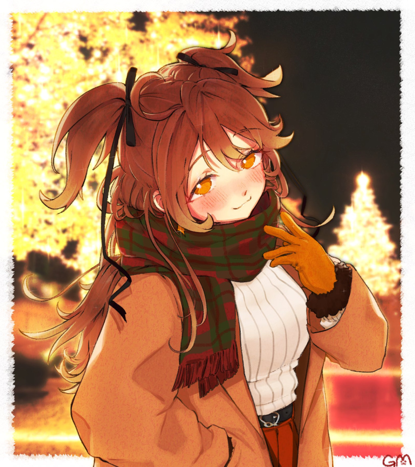 1girl :3 belt black_belt blurry blurry_background blush brown_coat brown_hair christmas christmas_lights closed_mouth coat duffel_coat gloves highres idenshi_kumikae_(kabe_choron) illumination long_hair looking_at_viewer night orange_gloves outdoors re:act red_scarf ribbed_sweater scarf shishigami_leona signature smile solo sweater two_side_up upper_body virtual_youtuber white_sweater yellow_eyes