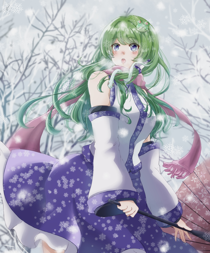 1girl :o absurdres bare_tree blue_eyes blue_skirt blurry blush breath cowboy_shot day depth_of_field detached_sleeves eyebrows_visible_through_hair frog_hair_ornament green_hair gumi_(fwjn7284) hair_ornament hair_tubes highres holding holding_umbrella kochiya_sanae long_hair looking_to_the_side looking_up nontraditional_miko open_mouth outdoors overcast pink_scarf scarf skirt snake_hair_ornament snowflake_print snowflakes solo standing touhou tree umbrella upper_teeth very_long_hair