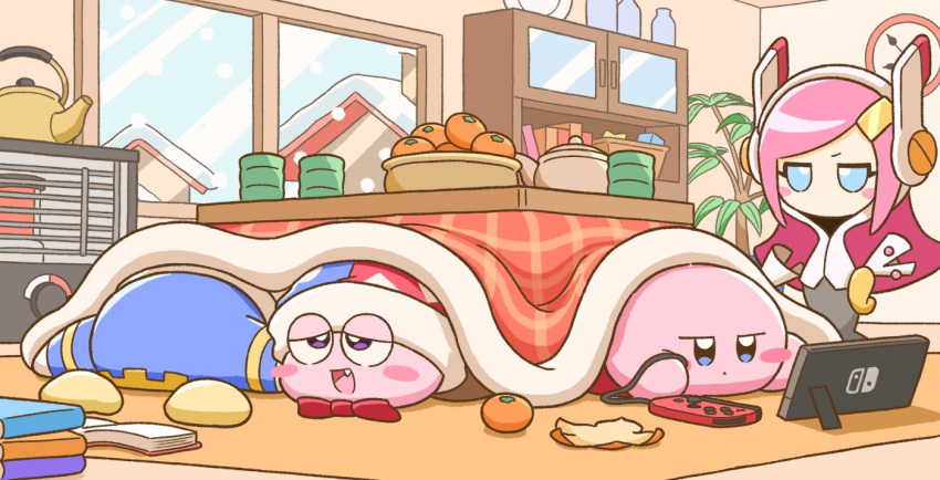 1girl 3boys blue_eyes blush_stickers bonziri_1658 book clock commentary cup day face_down food fruit hands_on_hips heater indoors kettle kirby kirby_(series) kotatsu looking_at_another magolor mandarin_orange marx multiple_boys nintendo_switch on_floor open_book pink_hair plant potted_plant sleeping sleepy snow snowing standing susie_(kirby) symbol_commentary table under_kotatsu under_table wall_clock window yunomi