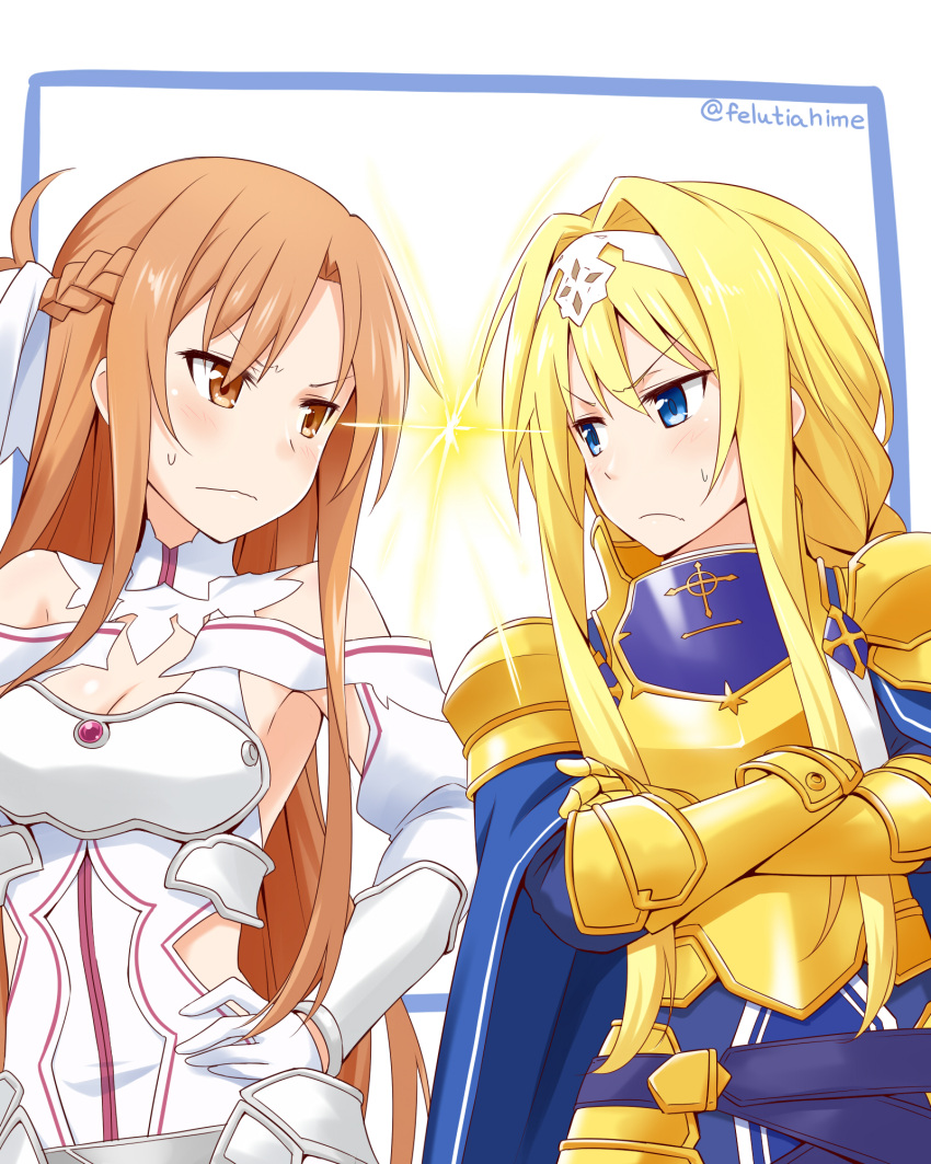 alice_schuberg asuna_(sao) blue_cape body_armor braided_ponytail brown_eyes brown_hair cape felutiahime floating_hair gold_armor hairband highres knight long_hair shoulder_armor spaulders sword_art_online sword_art_online_alicization white_hairband