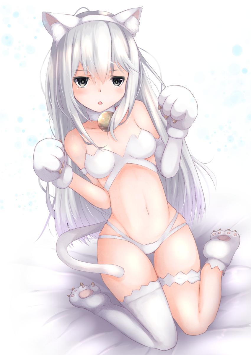 1girl animal_ear_fluff animal_ears ass_visible_through_thighs asymmetrical_legwear bangs bare_shoulders bed_sheet bell blush breasts cat_ears cat_girl cat_tail character_request collarbone commentary_request demimushi detached_sleeves eyebrows_visible_through_hair fake_animal_ears full_body gloves grey_eyes grey_hair groin hair_between_eyes hairband highres jingle_bell kakuchou_shoujo-kei_trinary long_hair long_sleeves navel parted_lips paw_gloves paw_shoes paws shoe_soles shoes single_detached_sleeve sitting small_breasts solo tail thigh_gap very_long_hair wariza white_footwear white_gloves white_hairband white_legwear white_sleeves