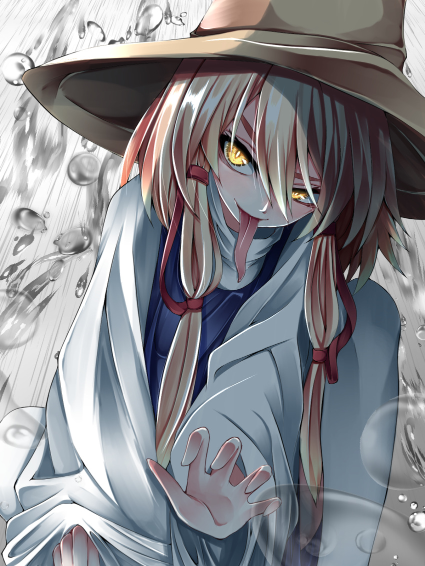 1girl bangs blonde_hair fall_dommmmmer glaring hair_ribbon hat highres long_sleeves looking_to_the_side moriya_suwako purple_vest red_ribbon ribbon shirt sitting solo tongue touhou turtleneck vest water_drop white_shirt yellow_eyes