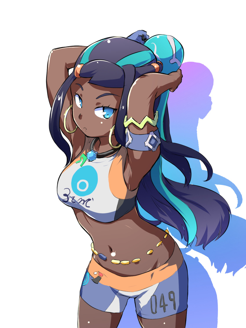 1girl armband armlet arms_behind_head belly_chain bike_shorts black_hair blue_eyes blue_hair breasts commentary cowboy_shot crop_top dark_skin earrings gloves gym_leader hair_bun highres hoop_earrings jewelry leaning_forward long_hair looking_at_viewer medium_breasts multicolored multicolored_clothes multicolored_hair multicolored_shorts navel necklace parted_lips poke_ball pokemon pokemon_(game) pokemon_swsh print_shirt rurina_(pokemon) shadow shirt short_shorts shorts simple_background single_glove sleeveless sleeveless_shirt solo sportswear standing swimsuit tankini tied_hair toraneko555 two-tone_hair white_background