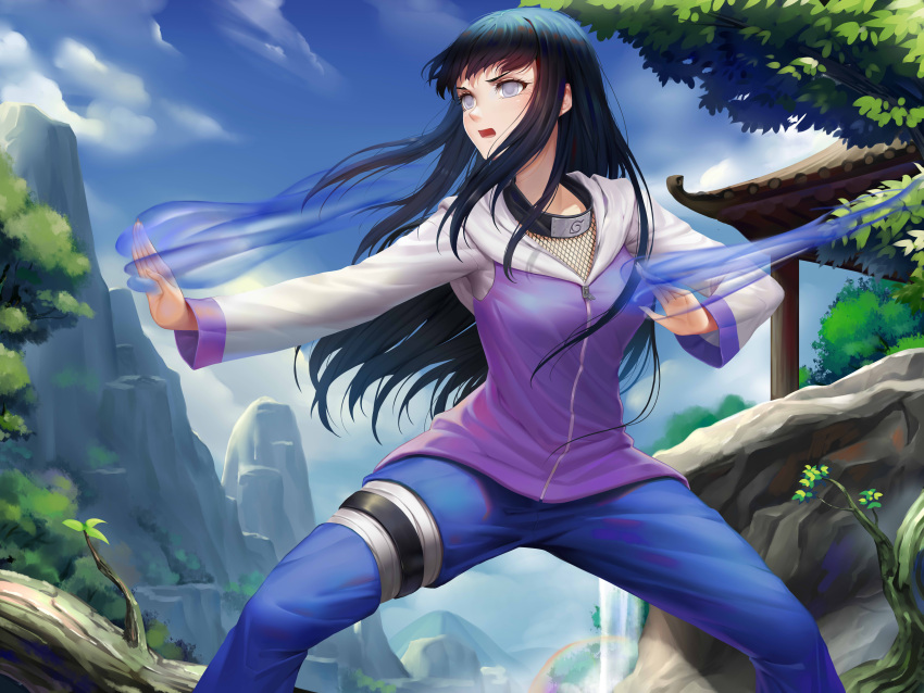 1girl absurdres bandaged_leg bandages bangs black_hair blue_fire blue_pants blue_sky blush breasts building clouds day empty_eyes feet_out_of_frame fighting_stance fire fishnets highres hood hood_down hooded_jacket hyuuga_hinata jacket long_hair long_sleeves medium_breasts mountain naruto naruto_(series) open_mouth outdoors pants purple_jacket rock sky solo sonikey0_0 spread_legs standing thigh_strap tree v-shaped_eyebrows violet_eyes white_sleeves