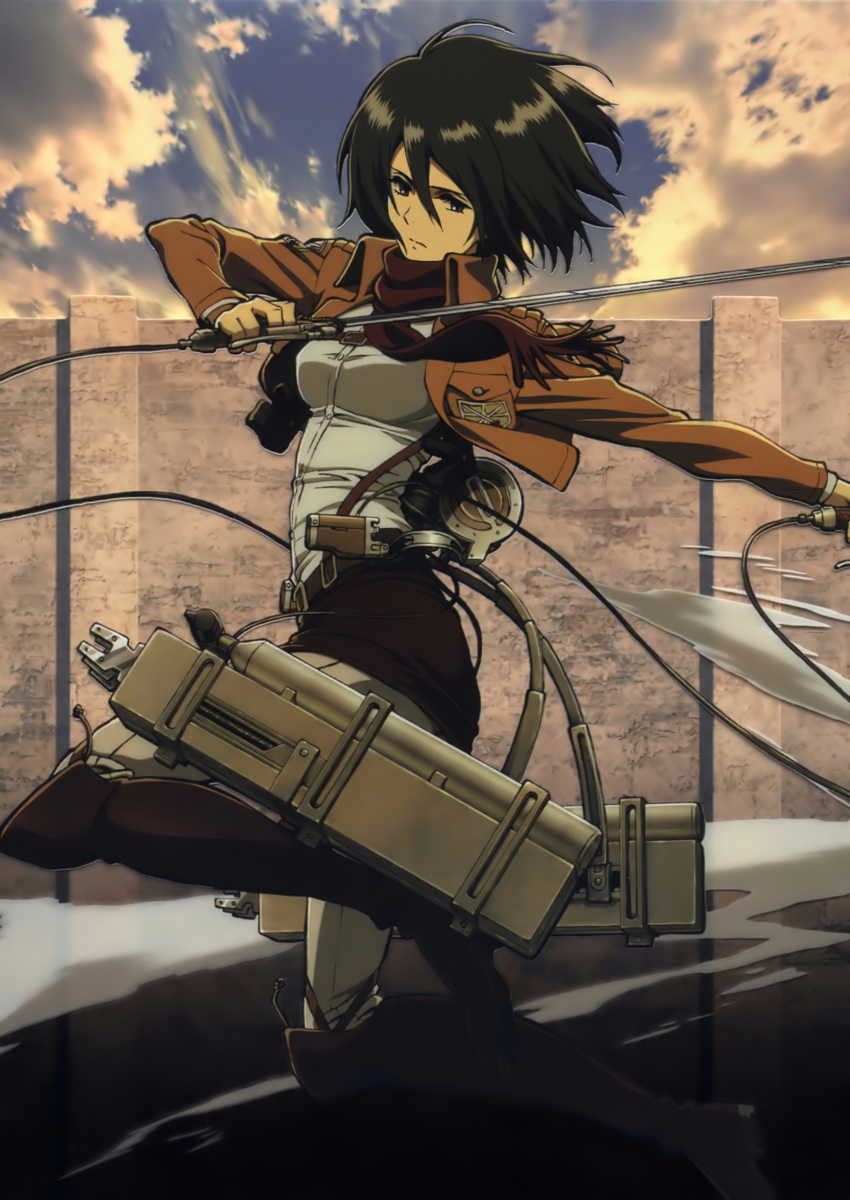 1girl absurdres black_eyes black_hair boots breasts closed_mouth clouds coat cropped_jacket day hair_between_eyes highres holding holding_weapon impossible_clothes impossible_shirt isayama_hajime long_sleeves looking_at_viewer mikasa_ackerman official_art pants red_scarf scarf shingeki_no_kyojin shirt short_hair sky solo standing sword three-dimensional_maneuver_gear wall weapon
