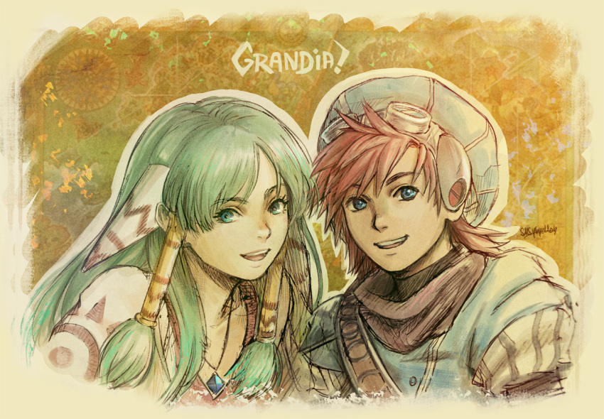 1boy 1girl artist_name bangs blue_eyes blue_headwear copyright_name dice_(dice963) feena_(grandia) goggles goggles_on_head goggles_on_headwear grandia grandia_i graphite_(medium) green_eyes hair_ornament hair_tubes hat jewelry justin_(grandia) long_hair looking_at_viewer necklace open_mouth parted_bangs pendant redhead scarf signature smile teeth traditional_media