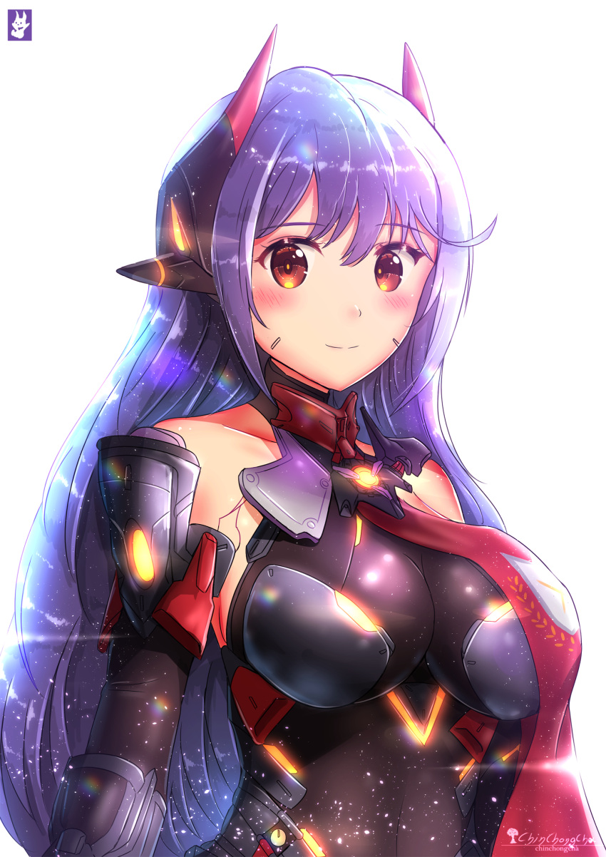1girl android bare_shoulders blue_hair blush breasts chinchongcha elbow_gloves eyebrows_visible_through_hair gem gloves glowing hair_ornament hana_(xenoblade) hana_jd headpiece highres large_breasts long_hair looking_at_viewer purple_hair smile solo source_request very_long_hair xenoblade_(series) xenoblade_2 yellow_eyes