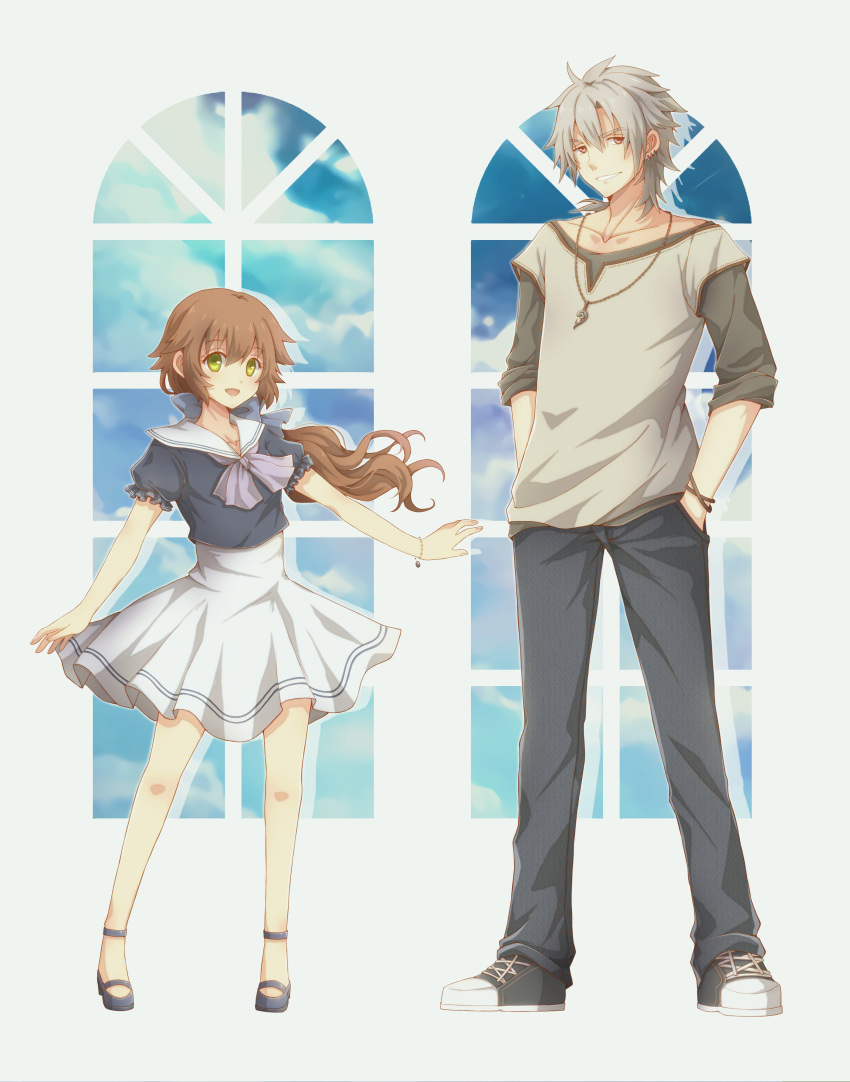 1boy 1girl :d absurdres aono_(aonocrotowa) black_pants black_shirt blue_bow bow bracelet brown_hair casual collarbone crow_armbrust eiyuu_densetsu floating_hair green_eyes grey_background grey_neckwear grey_shirt grin hair_between_eyes hair_bow hands_in_pockets highres jewelry long_hair long_sleeves looking_at_viewer low_ponytail miniskirt necklace open_mouth outstretched_arm pants pleated_skirt red_eyes sailor_collar sailor_shirt sen_no_kiseki shiny shiny_hair shirt shoes short_sleeves silver_hair skirt smile sneakers towa_herschel very_long_hair white_sailor_collar white_skirt