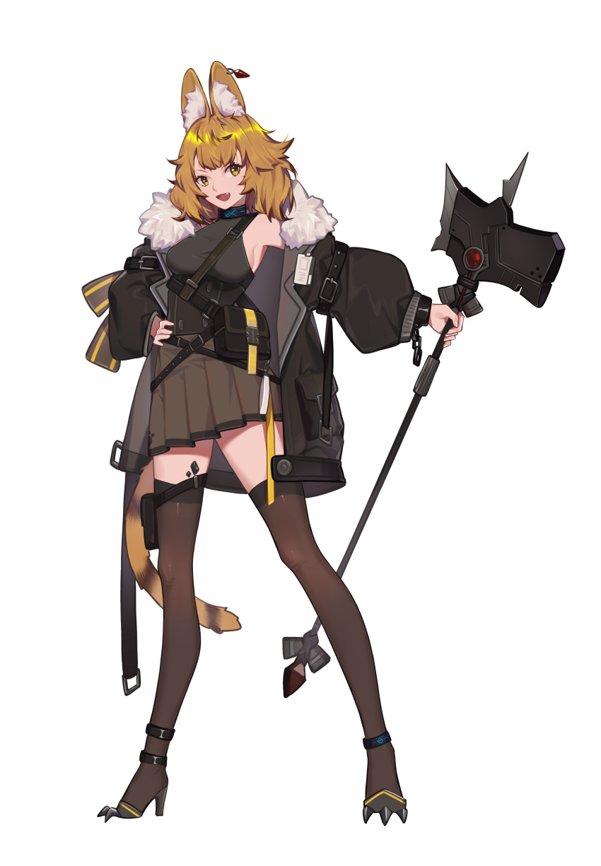 1girl absurdres animal_ears arknights black_jacket blonde_hair earrings fur_trim hand_on_hand high_heels highres holding holding_weapon jacket jewelry medium_hair simple_background skirt standing tail weapon white_background xtears_kitsune