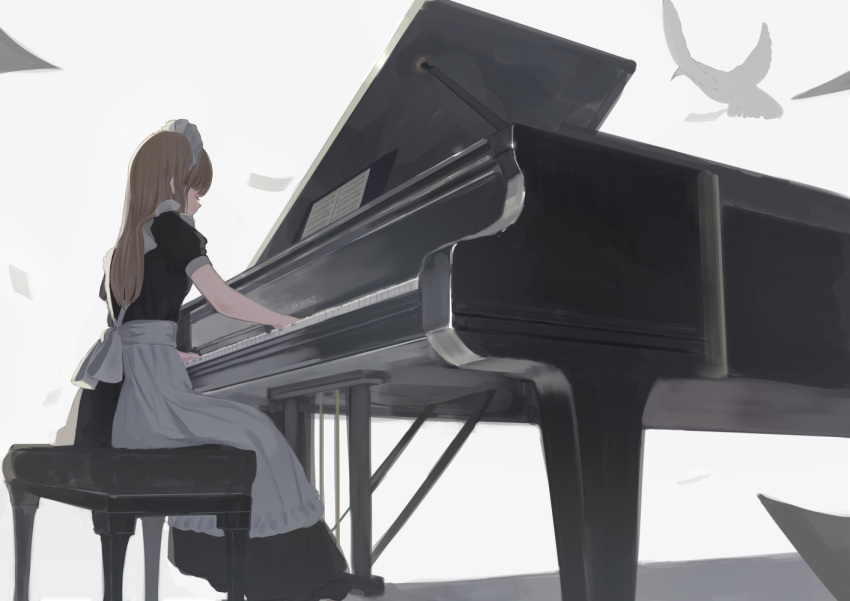 1girl animal apron bird black_dress brown_hair closed_eyes commentary_request dress grey_background instrument long_hair maid maid_headdress music original piano piano_bench playing_instrument profile puffy_short_sleeves puffy_sleeves shadow shii_(kairi-t-k0317) short_sleeves sitting solo waist_apron white_apron