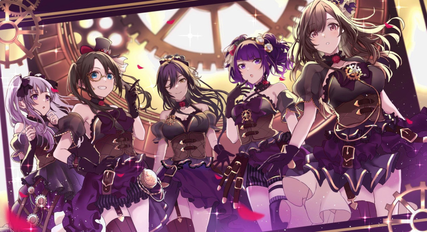 5girls bangs black_hair brown_eyes brown_hair hamu_(plot_sy) highres idolmaster idolmaster_shiny_colors long_hair mitsumine_yuika multiple_girls purple_hair shirase_sakuya tanaka_mamimi tsukioka_kogane yuukoku_kiriko