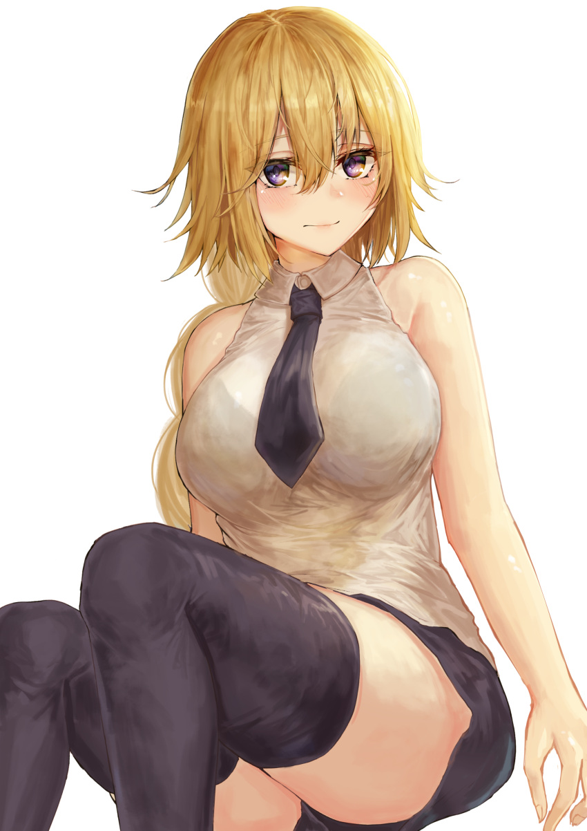 1girl absurdres bare_shoulders black_legwear black_neckwear blonde_hair blush breasts closed_mouth commentary_request fate/apocrypha fate_(series) highres hoshibudou jeanne_d'arc_(fate)_(all) large_breasts long_braid long_hair looking_at_viewer see-through solo thigh-highs violet_eyes