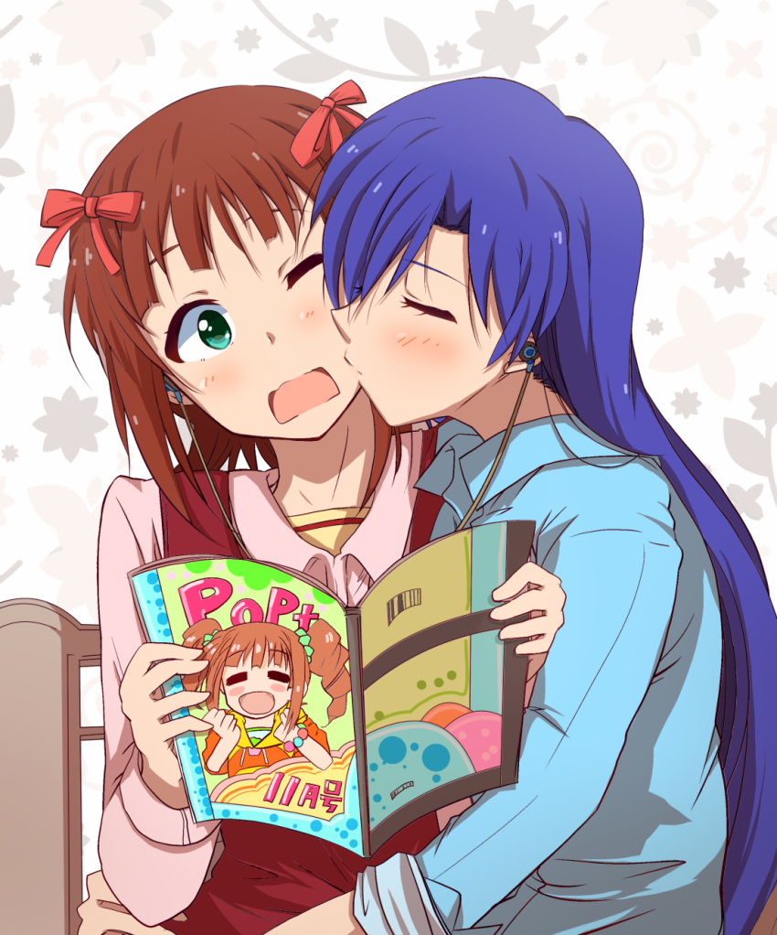 2girls amami_haruka blue_shirt brown_hair cheek_kiss closed_eyes collared_shirt earphones earphones frown green_eyes hair_ribbon highres holding holding_magazine hug idolmaster idolmaster_(classic) kibimoka kisaragi_chihaya kiss magazine multiple_girls one_eye_closed open_mouth pink_shirt red_ribbon ribbon shirt sleeves_rolled_up yuri