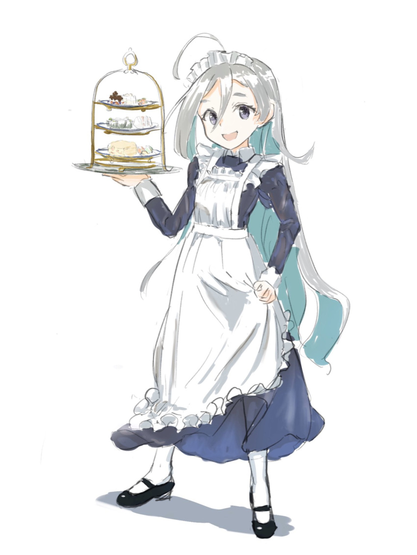 1girl :d ahoge alternate_costume apron black_footwear ceroliz enmaided full_body grey_eyes grey_hair hair_down highres kantai_collection kiyoshimo_(kantai_collection) long_hair looking_at_viewer maid maid_apron maid_headdress mary_janes open_mouth shoes simple_background smile solo white_background white_legwear