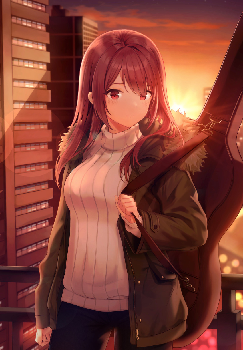 0v0_(l_seohui) 1girl absurdres backlighting blush building cowboy_shot fur-trimmed_jacket fur_trim highres instrument_case jacket long_hair looking_at_viewer mole mole_under_eye original pants purple_hair red_eyes ribbed_sweater solo sunset sweater white_sweater zipper