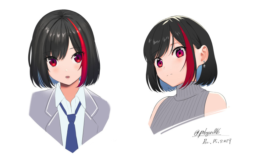 1girl bang_dream! bare_shoulders black_hair bob_cut dated earrings eyebrows_visible_through_hair eyes_visible_through_hair haneoka_school_uniform highres jewelry mitake_ran multicolored_hair necktie poligon_(046) red_eyes redhead ribbed_sweater school_uniform simple_background streaked_hair sweater sweater_vest turtleneck turtleneck_sweater twitter_username two-tone_hair white_background