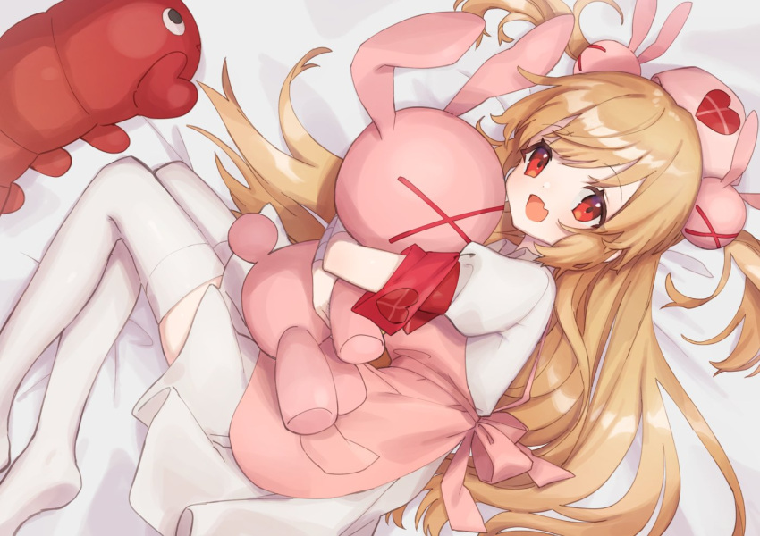 1girl apron bandaged_arm bandages bangs bed_sheet blush bunny_hair_ornament eyebrows_visible_through_hair hair_ornament hat heart holding holding_stuffed_animal light_brown_hair long_hair looking_at_viewer lying miniskirt natori_sana no_shoes nurse_cap on_bed on_side open_mouth pink_apron pink_headwear pleated_skirt puffy_short_sleeves puffy_sleeves red_eyes sana_channel short_sleeves skirt smile solo stuffed_animal stuffed_bunny stuffed_shrimp stuffed_toy thigh-highs two_side_up virtual_youtuber white_skirt zettai_ryouiki zumi_tiri