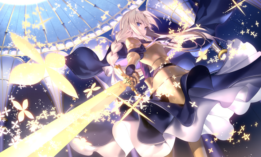 1girl alice_schuberg armor armored_dress blonde_hair blue_eyes braid commentary_request dress gold_armor hairband highres holding holding_sword holding_weapon long_hair looking_at_viewer shinooji solo standing sword sword_art_online very_long_hair weapon white_hairband