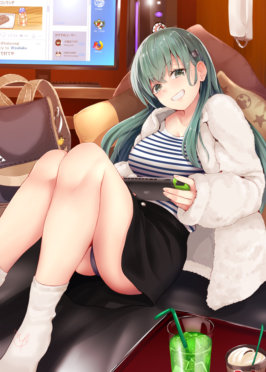 1girl alternate_costume bag black_skirt blush breasts collarbone commentary_request computer cup drink drinking_glass drinking_straw eyebrows_visible_through_hair firefox green_eyes green_hair grin hair_between_eyes handheld_game_console highres holding holding_handheld_game_console kantai_collection large_breasts long_hair long_sleeves super_mario_bros. monitor narushima_kanna nintendo_switch pencil_skirt pikachu pokemon signature skirt smile socks solo striped suzuya_(kantai_collection) twitter white_legwear yoshi