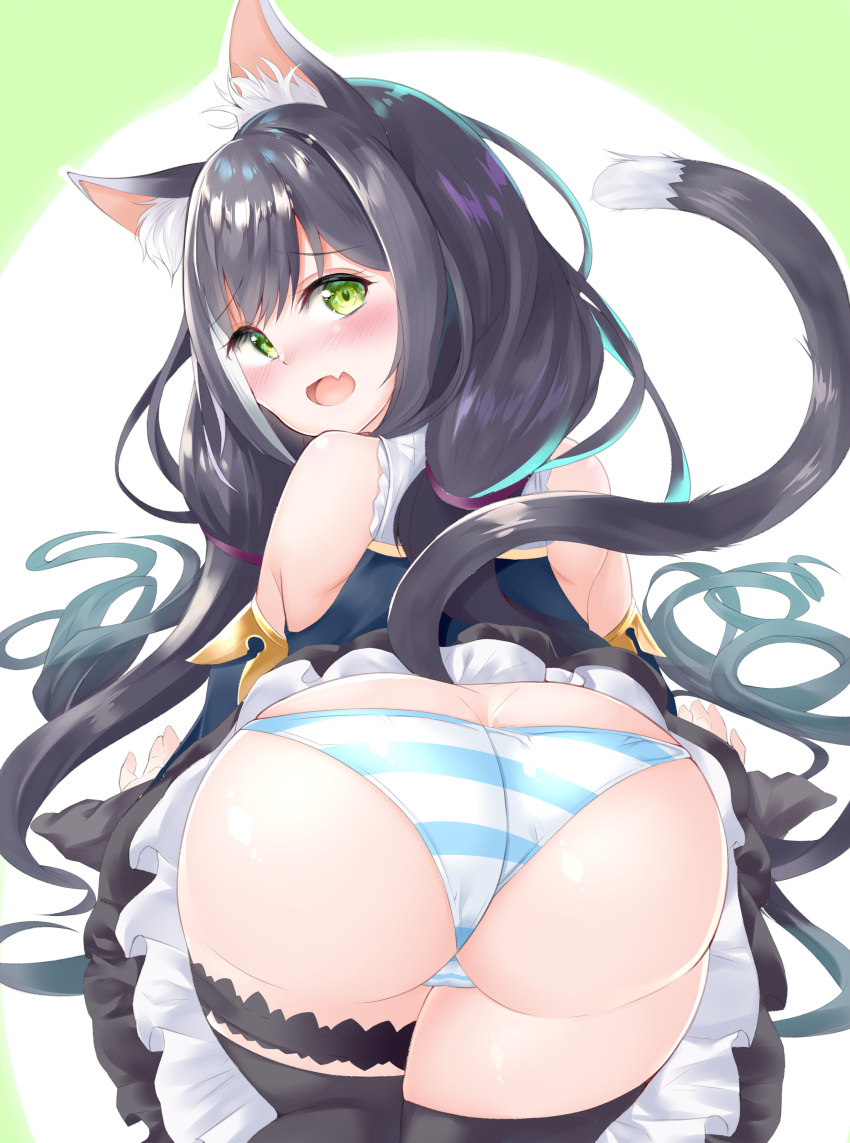 1girl absurdres animal_ear_fluff animal_ears ass black_hair blush cat_ears cat_girl cat_tail detached_sleeves dress from_behind green_eyes highres ikatyoko211 kyaru_(princess_connect) long_hair looking_at_viewer looking_back low_twintails multicolored_hair panties princess_connect! princess_connect!_re:dive shiny shiny_hair shiny_skin skirt sleeveless sleeveless_dress solo streaked_hair striped striped_panties tail thigh-highs twintails underwear upskirt