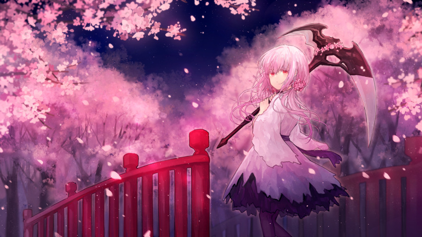 1girl bare_legs blank_stare blurry blurry_background bridge cherry_blossoms commentary_request duel_monster ghost_reaper_&amp;_winter_cherries hair_ornament holding holding_scythe japanese_clothes kimono long_hair looking_afar low_twintails night night_sky no.18 outdoors petals pink_hair pink_kimono railing red_eyes sash scythe sky solo star_(sky) starry_sky torn_clothes torn_kimono tree twintails wide_sleeves yuu-gi-ou
