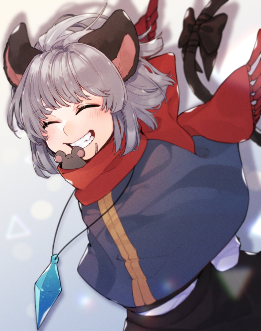 1girl animal_ears black_bow black_skirt blush bow capelet closed_eyes commentary_request drop_shadow eyebrows_visible_through_hair grey_hair grin highres jewelry mouse mouse_ears mouse_tail nazrin pendant prat_rat red_scarf scarf scarf_bow shirt short_hair skirt smile tail tail_bow touhou upper_body white_shirt wind