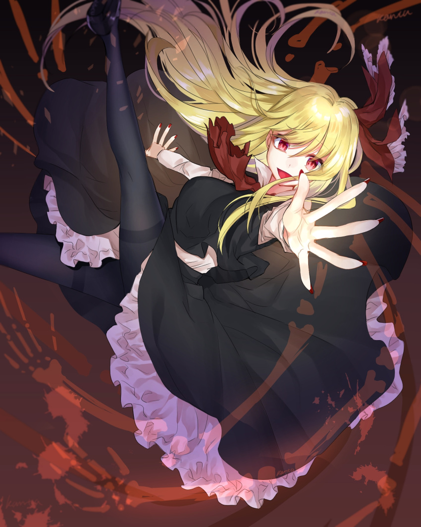 1girl black_legwear black_skirt blonde_hair blood bone bow eyebrows_visible_through_hair floating_hair frilled_bow frilled_skirt frills hair_bow hair_ribbon highres kanta_(pixiv9296614) leaning_back long_hair long_sleeves looking_at_viewer nail_polish open_mouth outstretched_arms red_eyes red_neckwear red_ribbon ribbon rumia skirt touhou