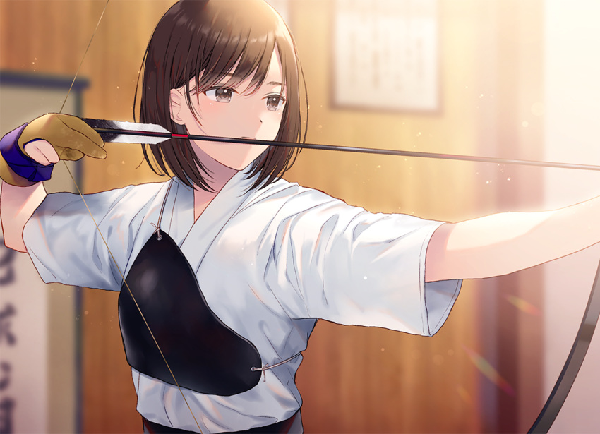 1girl archery archery_dojo arrow bangs blurry blurry_background bow_(weapon) brown_eyes brown_gloves brown_hair closed_mouth commentary_request depth_of_field eyebrows_visible_through_hair gloves holding holding_bow_(weapon) holding_weapon indoors japanese_clothes kimono kyuudou looking_away looking_to_the_side muneate noda_shuha original partly_fingerless_gloves short_sleeves solo upper_body weapon white_kimono yugake