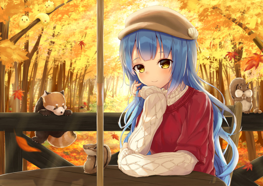 1girl animal autumn azur_lane beret chin_rest fence forest hat highres kuroisiro leaf light_blue_hair looking_at_viewer manjuu_(azur_lane) maple_leaf nature neptune_(azur_lane) red_sweater seashell shell sitting smile squirrel sweater table white_sweater yellow_eyes