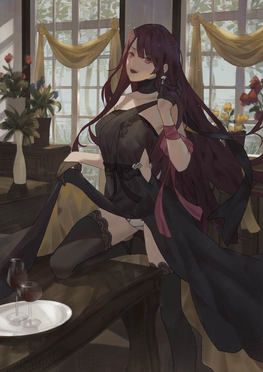 1girl :d absurdres alternate_costume bangs black_dress black_legwear blush breasts cirilla cup dress dress_lift earrings eyebrows_visible_through_hair girls_frontline gloves half_gloves hand_up highres indoors jewelry lace lace-trimmed_legwear large_breasts long_hair looking_at_viewer one_knee open_mouth panties purple_hair red_eyes ribbon smile solo standing table thigh-highs underwear very_long_hair wa2000_(girls_frontline) white_panties