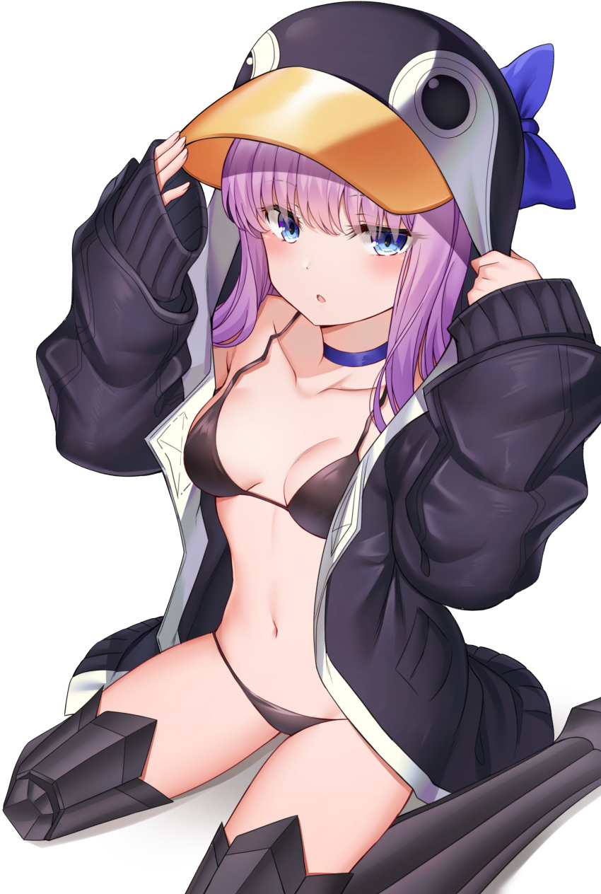 1girl absurdres animal_costume armored_boots bikini black_bikini blue_eyes boots breasts choker collarbone fate/grand_order fate_(series) hands_up highres long_hair long_sleeves looking_at_viewer meltryllis meltryllis_(swimsuit_lancer)_(fate) navel parted_lips penguin_costume purple_hair simple_background sitting small_breasts solo stomach sunhyun swimsuit thigh-highs thigh_boots thighs wariza white_background