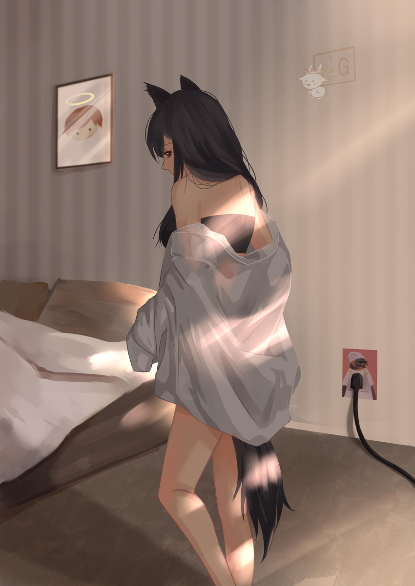1girl absurdres animal_ears arknights bandeau bare_shoulders bed black_hair blanket chinese_commentary commentary_request electric_socket feet_out_of_frame from_behind grey_eyes grey_shirt highres indoors long_hair long_sleeves looking_at_viewer looking_back off_shoulder open_clothes open_shirt picture_(object) pillow profile shadow shirt solo standing strapless striped tail texas_(arknights) thighs tubetop v_xiaoyang_zi_v vertical_stripes wolf_ears wolf_tail
