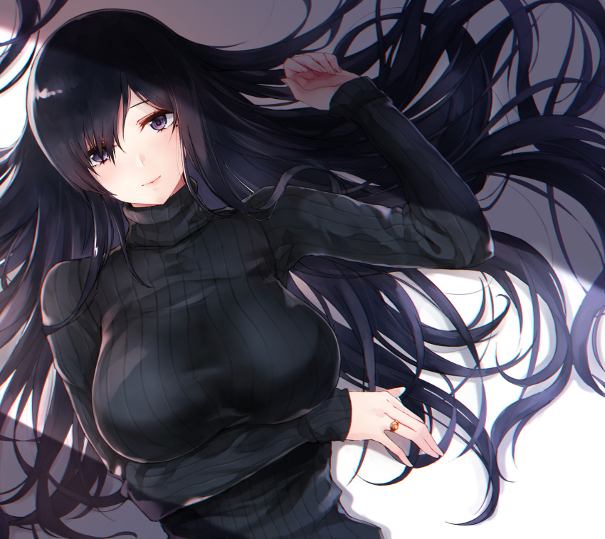 1girl alice_gear_aegis arm_under_breasts bangs black_eyes black_hair black_sweater breast_hold breasts closed_mouth commentary_request fingernails hair_between_eyes hand_on_own_stomach highres jewelry kagome_misaki large_breasts lips long_hair long_sleeves looking_at_viewer lying mole mole_under_eye on_back puru_(ex-150) ribbed_sweater ring shade sidelocks smile solo sweater turtleneck turtleneck_sweater very_long_hair
