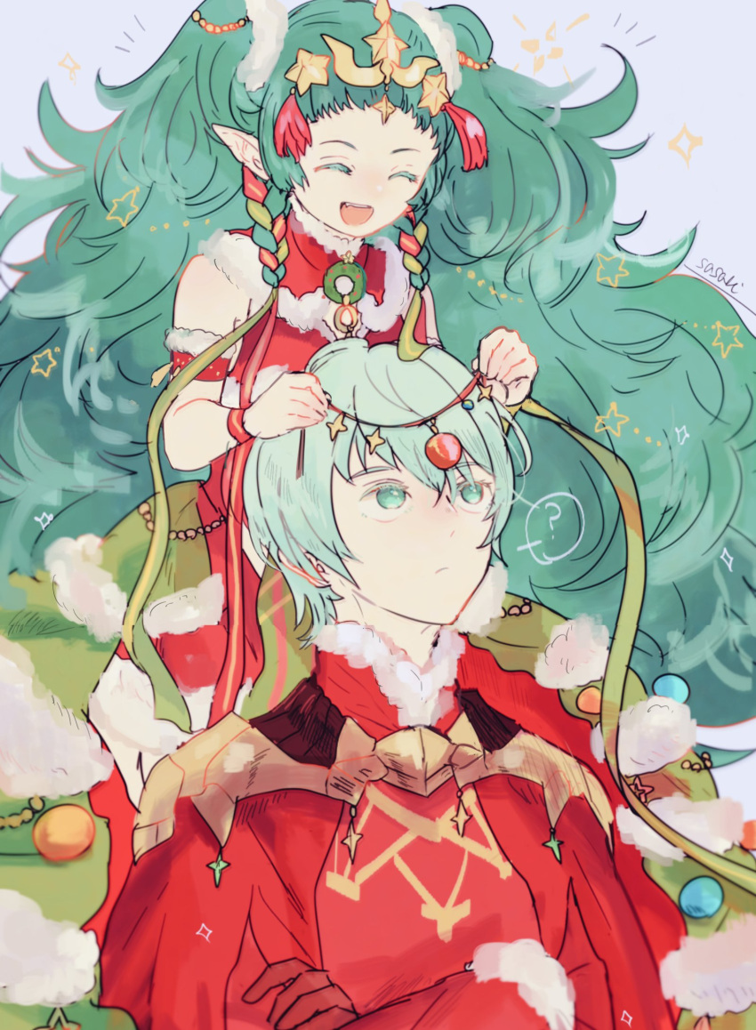 1boy 1girl armor artist_name braid byleth_(fire_emblem) byleth_eisner_(male) christmas_ornaments closed_eyes closed_mouth crossed_arms fire_emblem fire_emblem:_three_houses fire_emblem_heroes fur_trim green_eyes green_hair highres long_hair open_mouth pointy_ears sasaki_(dkenpisss) short_hair simple_background sothis_(fire_emblem) tiara twin_braids