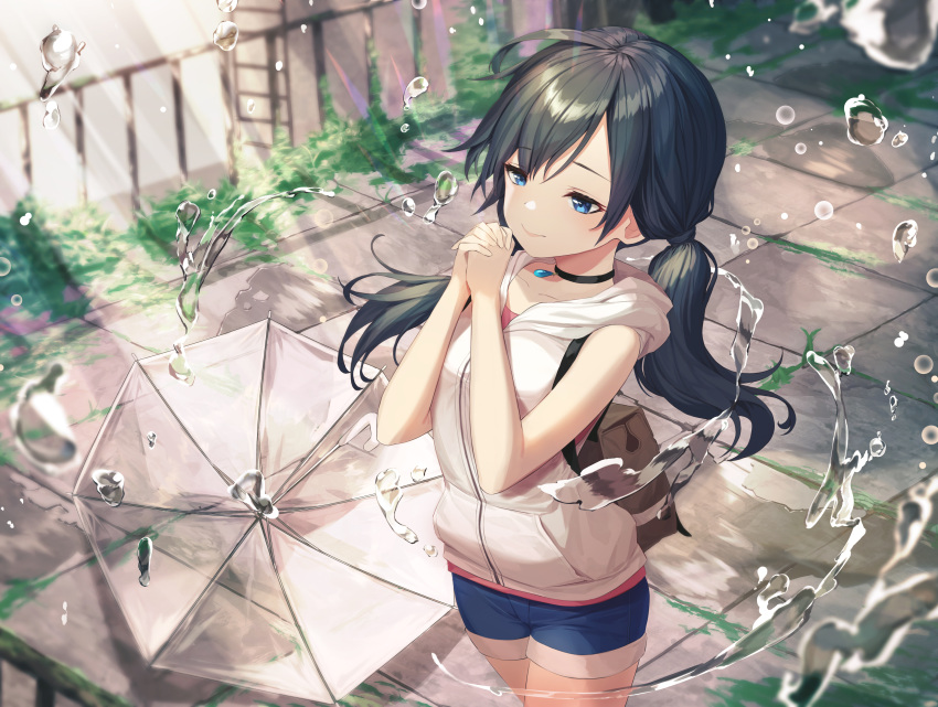 1girl absurdres amano_hina_(tenki_no_ko) bare_arms bare_shoulders black_hair blue_eyes blue_shorts blurry choker grass hands_clasped hands_up highres hood hood_down hoodie light_rays long_hair low_twintails munseonghwa own_hands_together shirt short_shorts shorts sleeveless sleeveless_hoodie sleeveless_shirt smile solo standing sunbeam sunlight tenki_no_ko tile_floor tiles transparent transparent_umbrella twintails umbrella undershirt water white_hoodie