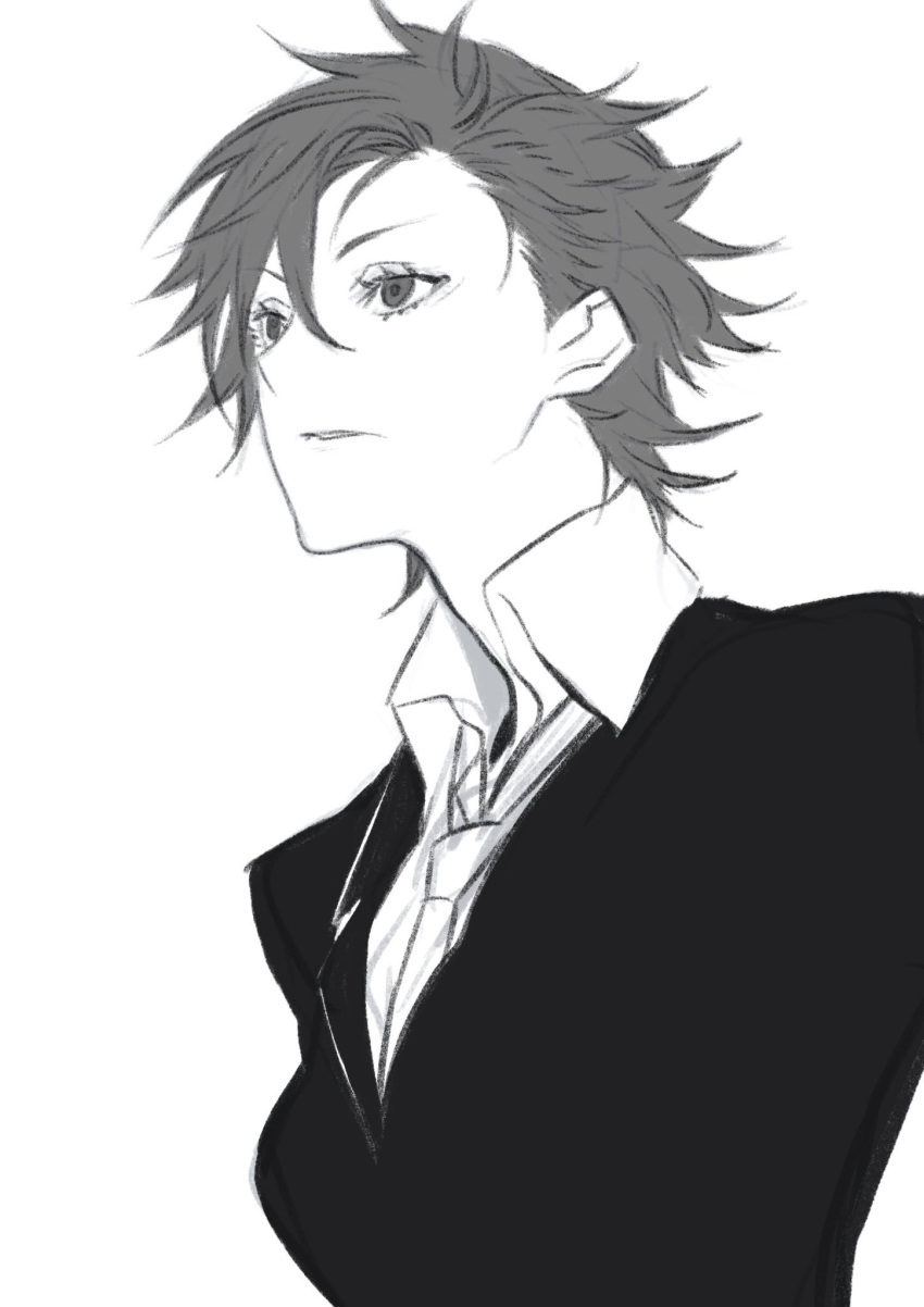 1girl androgynous formal highres kisaragi_mao male_focus miwa_shirou monochrome necktie psycho-pass short_hair sketch solo spiky_hair suit upper_body