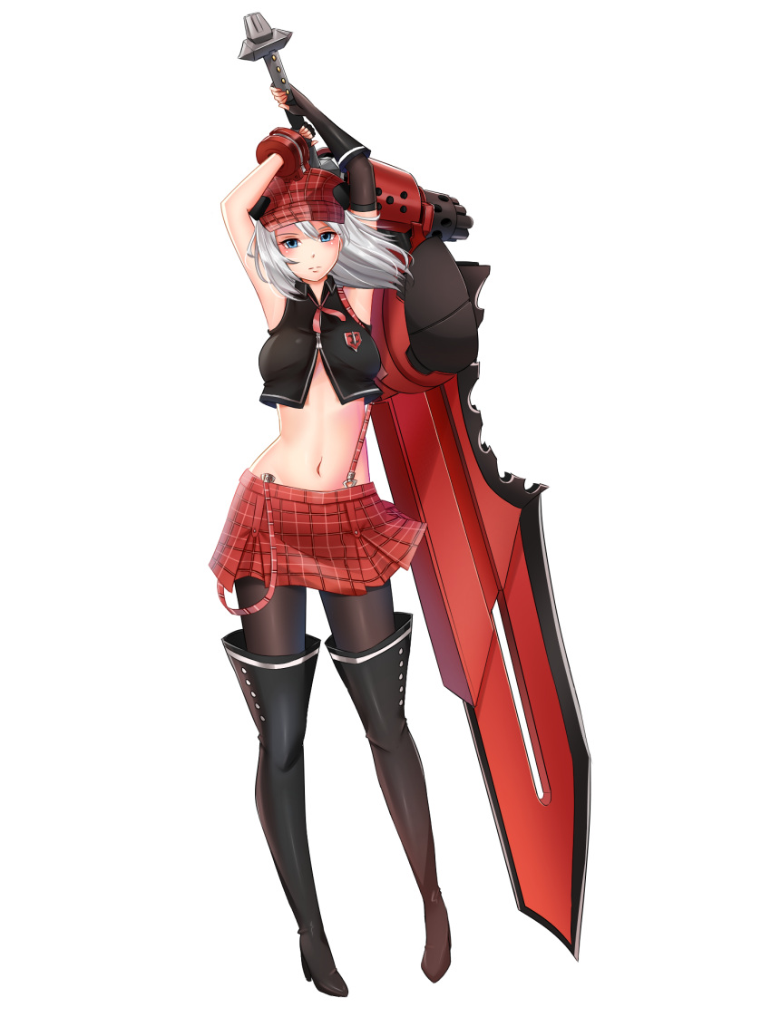 1girl alisa_ilinichina_amiella armpits arms_up bangs black_footwear black_legwear black_shirt blue_eyes boots bracelet breasts cabbie_hat collared_shirt elbow_gloves english_commentary fingerless_gloves frown full_body gloves god_eater grey_hair hat high_heel_boots high_heels highres holding holding_sword holding_weapon huge_weapon jewelry keicyanyan large_breasts long_hair midriff mismatched_gloves navel pantyhose plaid plaid_hat plaid_skirt red_headwear red_skirt shirt simple_background single_arm_warmer single_elbow_glove single_glove skirt sleeveless sleeveless_shirt solo suspender_skirt suspenders sword thigh-highs thigh_boots weapon white_background