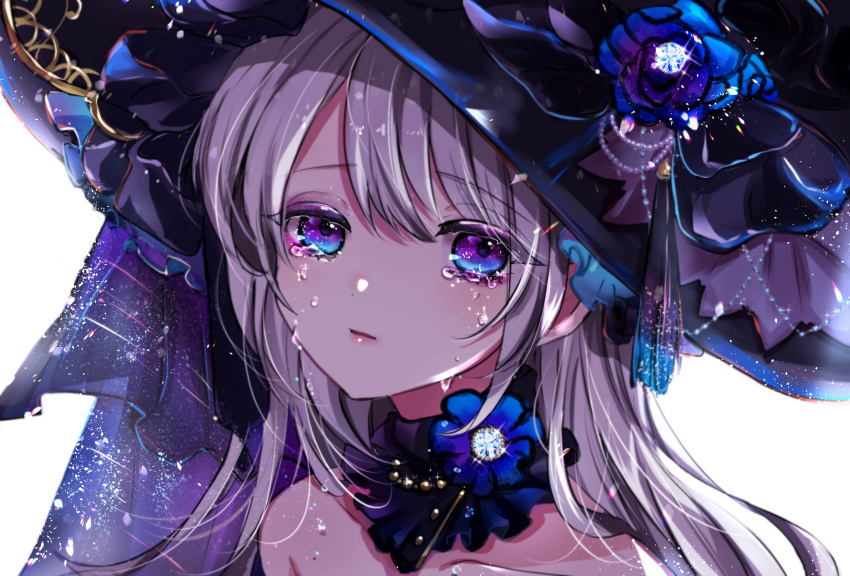 1girl bangs bare_shoulders beni_ttt black_headwear blue_eyes blue_flower blush closed_mouth collarbone commentary_request crying crying_with_eyes_open detached_collar eyebrows_visible_through_hair flower gem hat hat_flower highres long_hair looking_at_viewer looking_back original silver_hair simple_background sparkle tears upper_body white_background