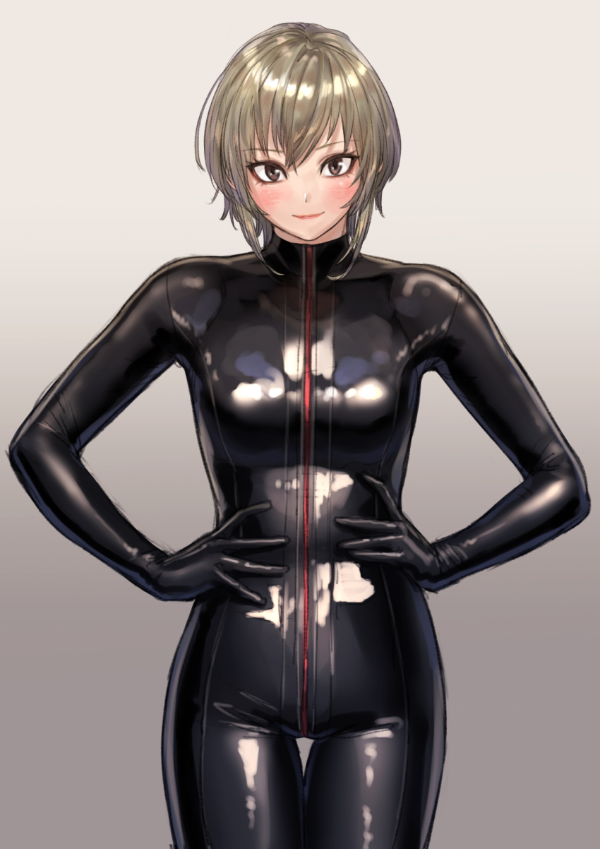 1girl blush bodysuit brown_eyes brown_hair closed_mouth eyebrows_visible_through_hair gimp_suit gradient gradient_background hands_on_hips highres kilye_4421 latex_bodysuit looking_at_viewer original short_hair simple_background skin_tight smile solo