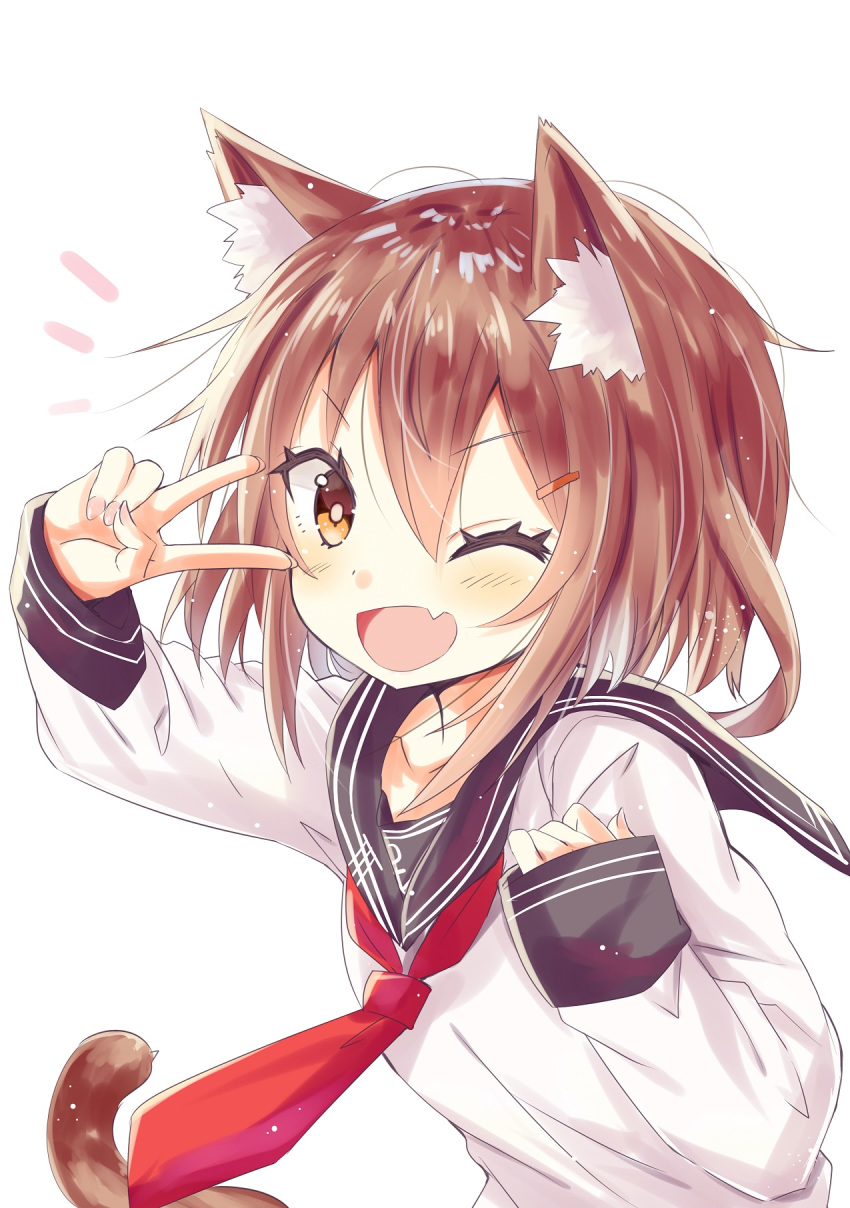 1girl animal_ears blush brown_eyes brown_hair cat_ears cat_tail eyebrows_visible_through_hair hair_between_eyes hair_ornament hairclip highres hizaka ikazuchi_(kantai_collection) kantai_collection long_sleeves neckerchief one_eye_closed open_mouth school_uniform serafuku short_hair simple_background smile tail v white_background